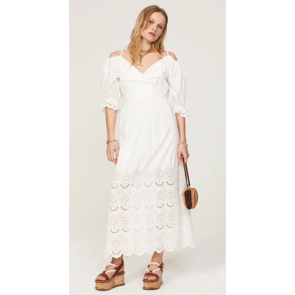Ulla Johnson Narcisa White Eyelet Cotton Cold Shoulder Maxi Dress Size 6